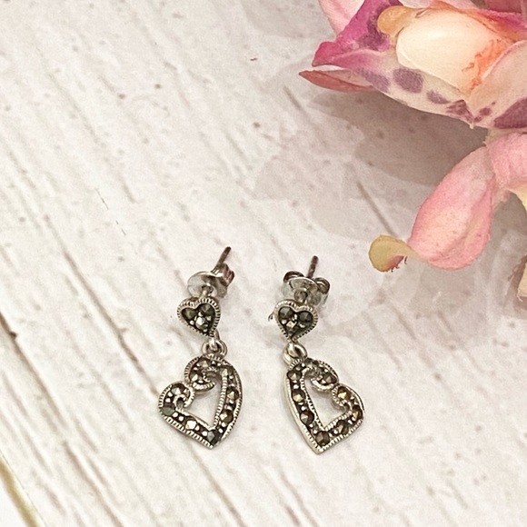 Jewelry - 925 Signed Marcasite Heart Drop Earrings